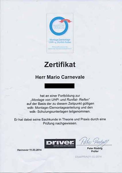 Zertifikat: Montage von UHP- und Runflat- Reifen