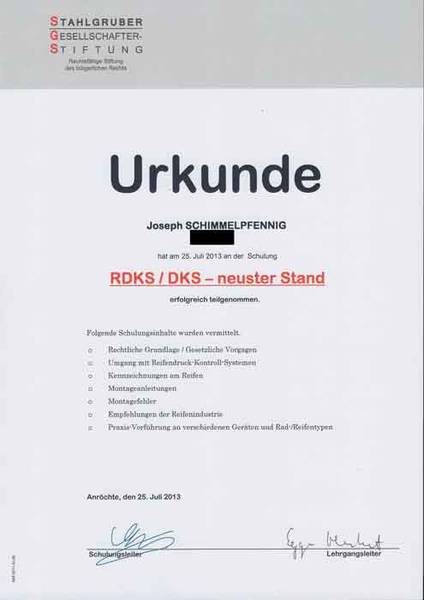 Urkunde: RDKS / DKS - neuster Stand
