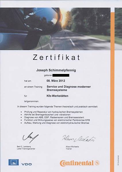 Zertifikat: Service und Diagnose moderner Bremsensysteme