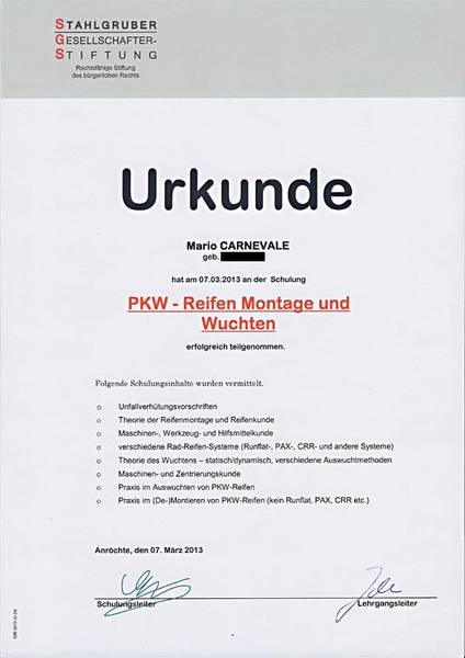 Urkunde: PKW - Reifen Montage und Wuchten