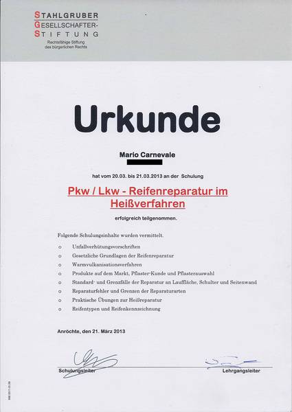 Urkunde: PKW / LKW - Reifenreparatur im Heißverfahren