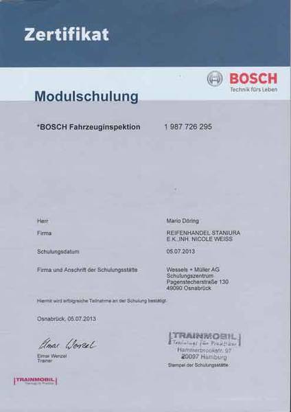Zertifikat: Modulschulung "BOSCH Fahrzeuginspektion"