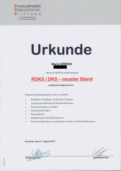 Urkunde: RDKS / DKS - neuster Stand